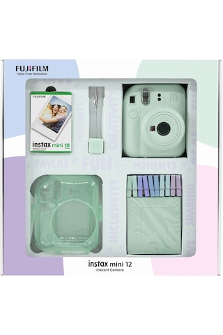 Fujifilm Instax Mini 12 Fotoğraf Makinesi + 10'lu Film + Simli Pleksi Kılıf + Mandal + Kıskaçlı Resim Standı Yeşil
