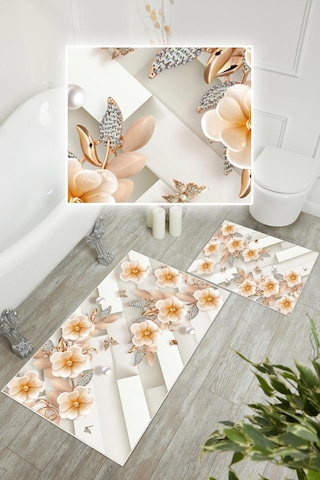 Dijital Baskı Çicek Desen Kaymaz Taban 2li Set Banyo Paspası Klozet Takımı 50x60cm-60x100cm Krem