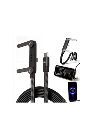 Yeni Pro Tech 240w Destekli Standlı 1,5metre Siyah Hasır Kablo Type-c Girişli Şarj Kablosu