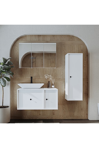 Lavabolu Mat Mdf 90 Cm Çekmeceli Dolabı + Aynalı Dolabı Beyaz Mat Beyaz
