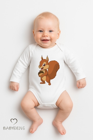Babyden's Sevimli Hayvan Figürlü %100 Pamuk Uzun Kollu Çıtçıtlı Bebek Body Sincap Beyaz