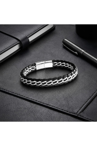Moncuk Design Çift Zincir Çelik Ve Deri Bileklik 33514b2d2 Metalik Siyah