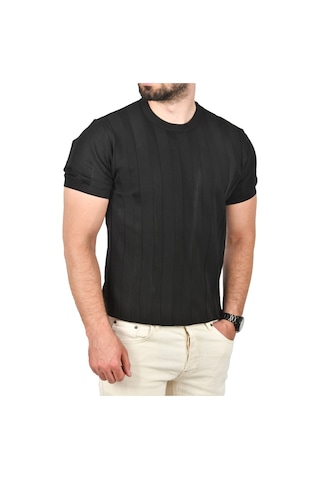 Deepsea Erkek Siyah Dar Kesim Pamuklu Triko Tişört Slim Fit Nefes Alan Bisiklet Yaka Tişört 2504348 Siyah