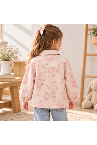 Tucankids Kız Çocuk Çiçek Desenli Doğal Ham Kumaş Mevsimlik Ceket Düğmeli Cepli Baharlık Ceket Bej