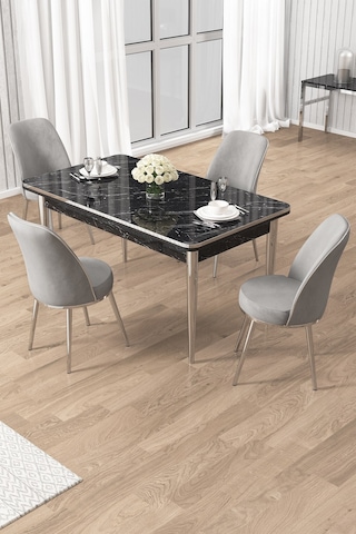 Canisa Rewa Serisi 70x110 Sabit Siyah Mermer Desen Krom Detay Masa Takımı Ve 4 Gri Sandalye Masa Siyah Mermer Sandalye Gri Krom Ayak