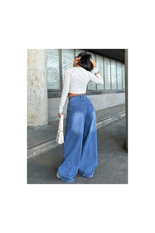 Kene Jeans Yüksek Bel Mavi Ön Arka Pensli Ön İşlemli Baggy Bol Paça Jeans Mavi