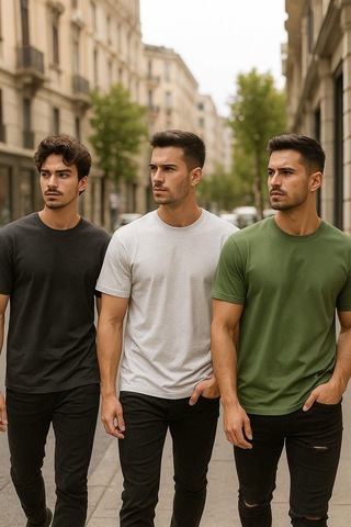 Erkek 3lü Paket Antrasit Melanj-beyaz-yeşil Pamuklu Oversize Tişört Bisiklet Yaka Kısa Kollu T-shirt Yeşil