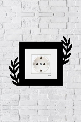 Bitki Tasarım Priz Çerçevesi İç Ölçü 8,4x8,4 Cm Dekoratif Priz - Anahtar Çerçevesi - Duvar Susu Siyah