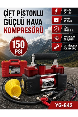Profesyonel Hava Kompresörü 150 Psi 12v Çift Pistonlu Çantalı Özel Ekstra 4 Şişirme Aparatlı