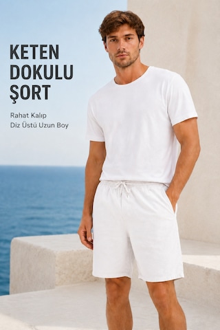 Masion Rae Erkek %100 Beyaz Keten Şort, Bağcıklı Bel, 3 Cepli, Rahat Kesim, Geniş Paça, Günlük Yazlık Şort
