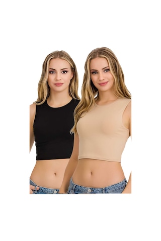 Fanilam İlke Kadın Elestan Kolsuz Crop -pamuklu Şık Ve Rahat Yarım Atlet Body 2 Adet Siyah+ten
