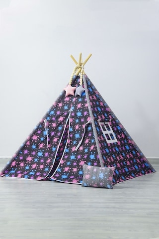 Yıldız Desen, Ahşap Direkli, Pencereli Doğal Ev-bahçe Çocuk Oyun Çadırı, Gri Siyah