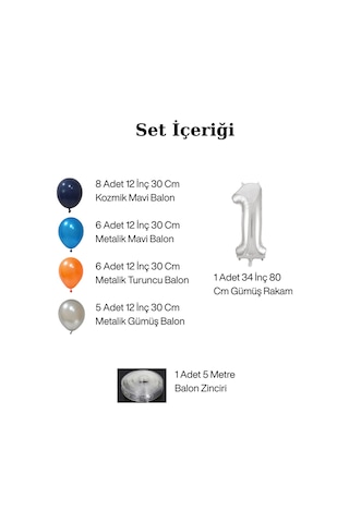 5 Yaş Kozmik Temalı Doğum Günü Seti Kozmik Mavi Turuncu Gümüş Mavi Balonlar Gümüş Folyo Rakam Çok Renkli