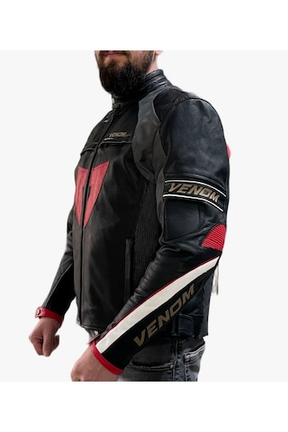 Venom D1 Motosiklet Montu Deri 4 Mevsim Leather Racing Mont Siyah-kırmızı