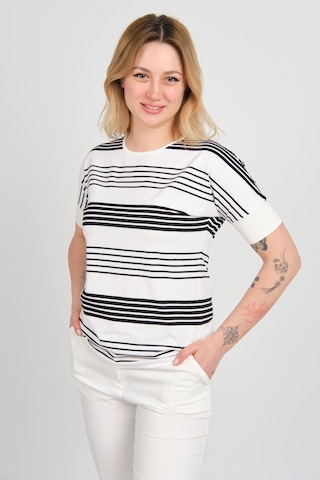 Sistas Kadın Kol Uçları Likralı Çizgili Kısa Kol Bluz 24201 Ekru Ekru