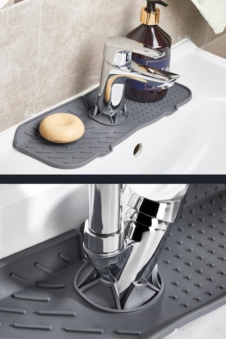 2 Li Lavabo Matı Ve Süzgeç Seti, Musluk Sünger Matı + Süzgeçli Banyo Küvet Evye Tıkacı Gider Kapağı Gri