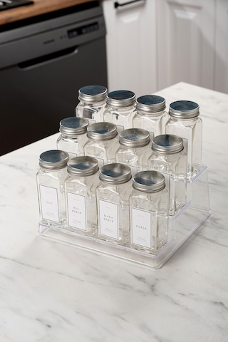 12'li Şeffaf Merdiven Standlı Cam Baharatlık Seti Kapaklı Beyaz Etiketli Baharatlık Takım Mh05slvr12 Beyaz - Şeffaf