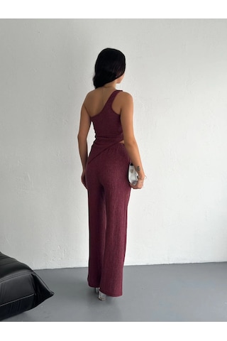 Asimetrik Crop Pantalon İkili Takım - Gül Kurusu Çok Renkli