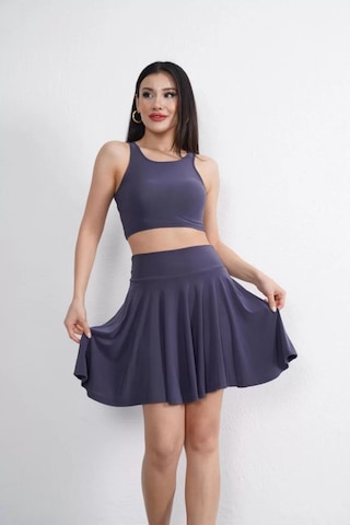 Sendy Kumaş Bisiklet Yaka Crop Şortlu Etek İkili Takım - Antrasit Antrasit