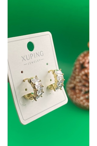 Xuping 14k Altın Renginde Zirkon Taşlı Halka Model Çelik Kadın Küpe Gold