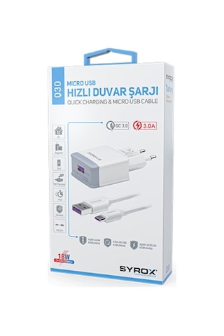Syrox Q30 Microusb Girişli 3.0 Amper 18W Hızlı Şarj Aleti (307252053)