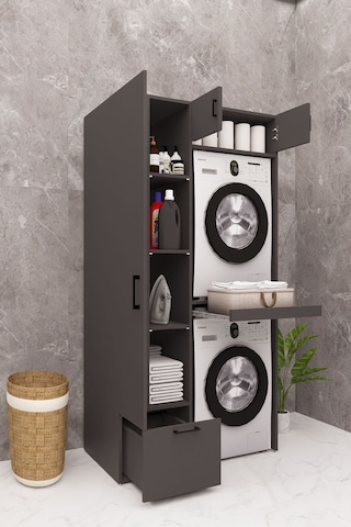 Mdf Çamaşır Makinesi Ve Kurutma Makinesi Dolabı Ütü Masalı Antrasit