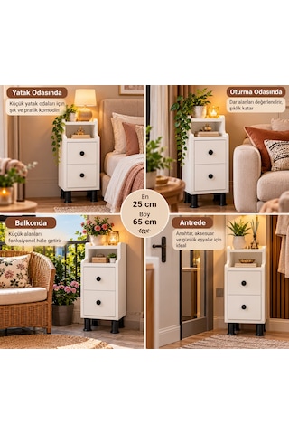 Çok Amaçlı Modern Yan Sehpa Organizer Yatak Odası Komodin 25cm Ahşap Görünümlü Ev Tamamlayıcı Beyaz - Siyah