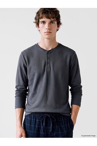 LC Waikiki Lc Waıkıkı Gri Henley Yaka Uzun Kollu Erkek Pijama Üst