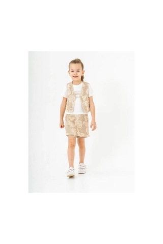 Kız Çocuk Keten Üçlü Şort Etekli Yelekli Takım-15888 Bej