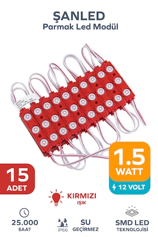 3 Ledli Parmak Led Modül 1.5w 2835 Smd Mercekli Kırmızı Renk 12v 15 Adet