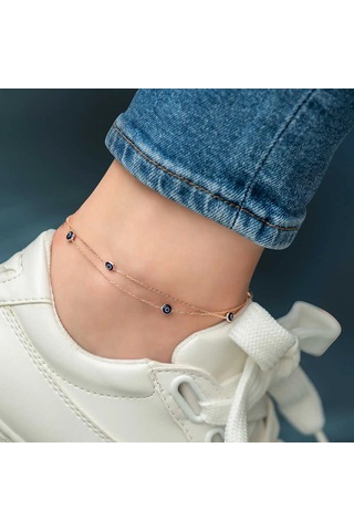 925 Ayar Gümüş Rose Çift Zincirli Nazar Halhal T6107 599599 A - Gümüş