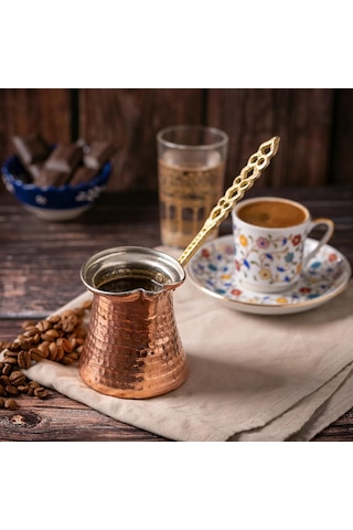 Ludıa Ahşap Saplı El Yapımı Dövme Bakır Cezve No1 Kahve Cezvesi