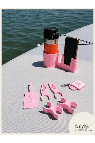 Sup Board Telefon Termos Tutucu Paddle Board Kano Aksesuar Seti Kürek Sabitleme + Organizer + Telefon & İçecek Tutucu + Charm Anahtarlık + Kişiye Özel İsimlik Pembe
