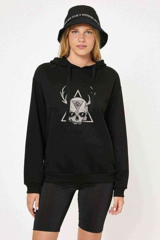Skull Triangle Geyik Baskılı Siyah Kadın Kapşonlu Sweashirt