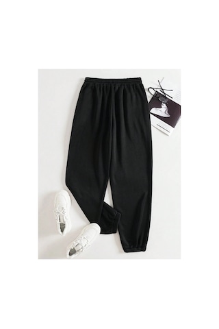 Tarzsokak Unisex Kadın/erkek Özel Renkli Düz Paça Lastik Eşofman Altı Jogger Siyah