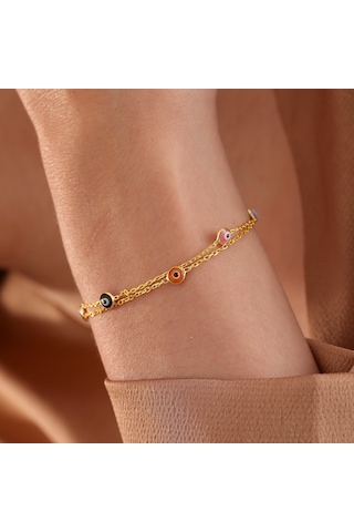 925 Ayar Gümüş 2 Sıra Zincirli Karışık Renk Göz Bileklik Altın