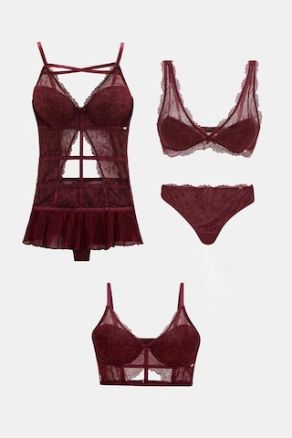 Roma Bordo 4'lü Dantelli Sütyen, Babydoll, Külot Çeyiz Seti Bordo