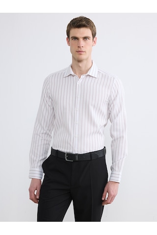 Lcw Busıness Bej Slim Fit Uzun Kollu Çizgili Armürlü Erkek Gömlek