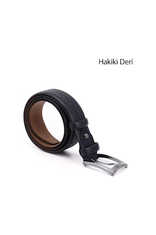 Gönderi R Lacivert Antik Hakiki Deri 3,5 Cm Örgü Desenli Klasik Kemer Lacivert
