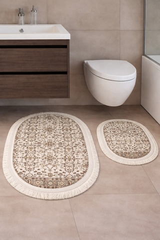 Kaymaz Tabanlı 2 Li Banyo Paspas Seti Yıkanabilir, Su Emici, Toz & Leke Tutmaz Oval Klozet Takımı Kahverengi-gri