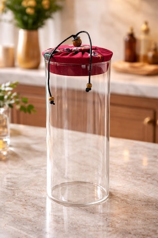 Makri Home 1000 Ml Borosilikat Cam Hava Geçirmez Kırmızı Kumaş Kaplama Bambu Kapaklı Kavanoz,çap:8 Cm, H:25 Cm Kırmızı
