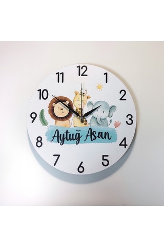 Cajuart İsme Özel Sevimli Hayvan Figürlü Çocuk Odası Duvar Saati Beyaz
