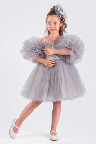 Kız Çocuk Abiye Elbise Ponpon Kol Pul Payetli Tütülü Gri