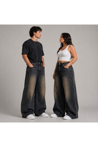 St.poll Eskitme Füme Yıkamalı Unisex Büyük Beden Baggy Jean Pantolon Kahverengi