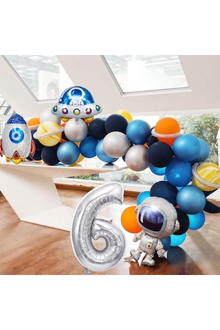 Uzay Temalı Doğum Günü Seti 6 Yaş ; 4 Adet Folyo Balon, 60 Adet Lateks Balon, Banner, Balon Zinciri ve Balon Bandı