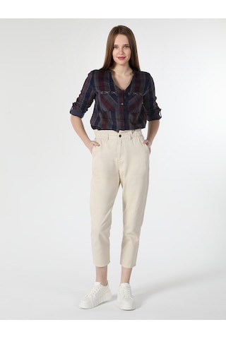 Colins Regular Fit V Yaka Kareli Lacivert Kadın Uzun Kol Gömlek Cl1061052 Lacivert