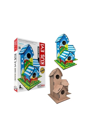 Maket Boyanabilir Kuş Evi Boyama Maketi Naturel Ahşap Boyama Bırd House 6 Renk Akrilik Boya Fırça