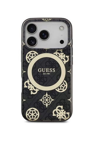 Apple Uyumlu iPhone 17 Pro Kılıf Guess Lisanslı M-safeli Iml Peony Ve 4g Desenli Klasik Logolu Kapak Siyah Siyah