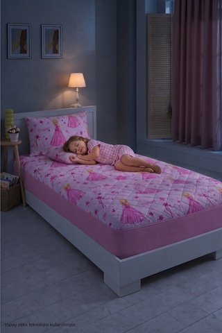 Prenses Desen Tek Kişilik Kapitone Fitted Su Sıvı Geçirmez Yatak Alezi Seti 1 Adet Yastık Kılıflı Pembe