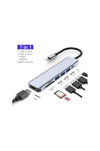 7 İn 1 Type C To Hdmı 4k 30hz Kablo Sd/ Tf Kart Okuyucu Usb3 0 2xusb2 0 Pd 87w Çevirici